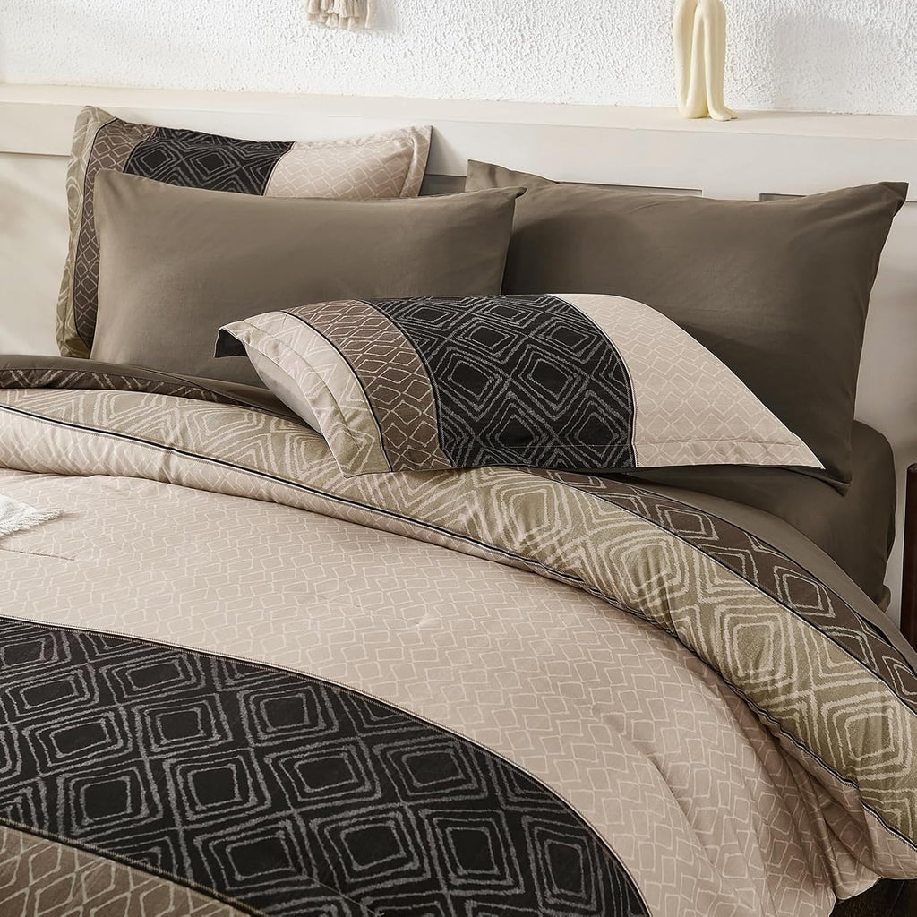 Boho Comforter Set Light Brown,7 Piece Bed in a Bag Warm Striped Bedding Sets with Plaid Fall