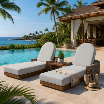 Set of 2 Acacia Wood Chaise Lounge Chair Outdoor with Handwoven Rope, Adjustable Backrest Sun Lounger Recliner