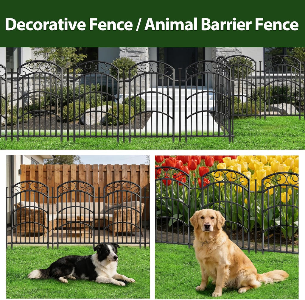 8 Panels Decorative Garden Fence, 40in(H)×18Ft(L) Heavy Duty Metal Outdoor Dog Fence Rustproof Square Tube No Dig