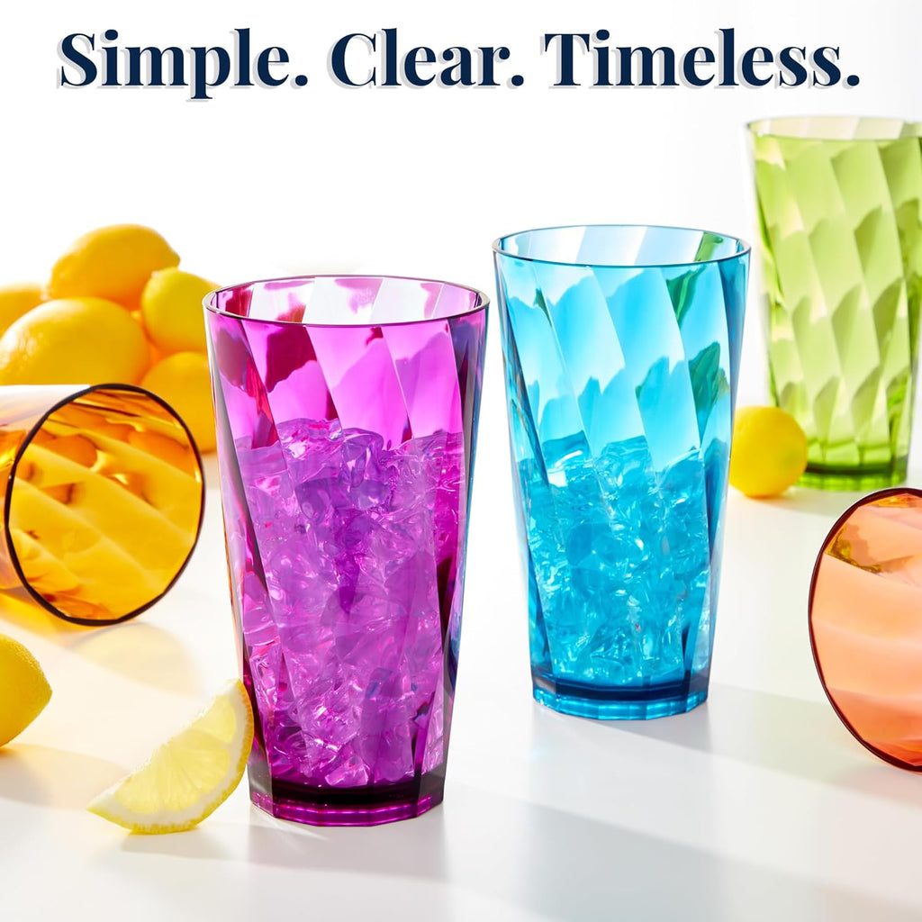 Optix Plastic Reusable Drinking Glasses (Set of 8) 20oz Water Cups in Jewel Tone Colors | BPA-Free Tumblers, Made in