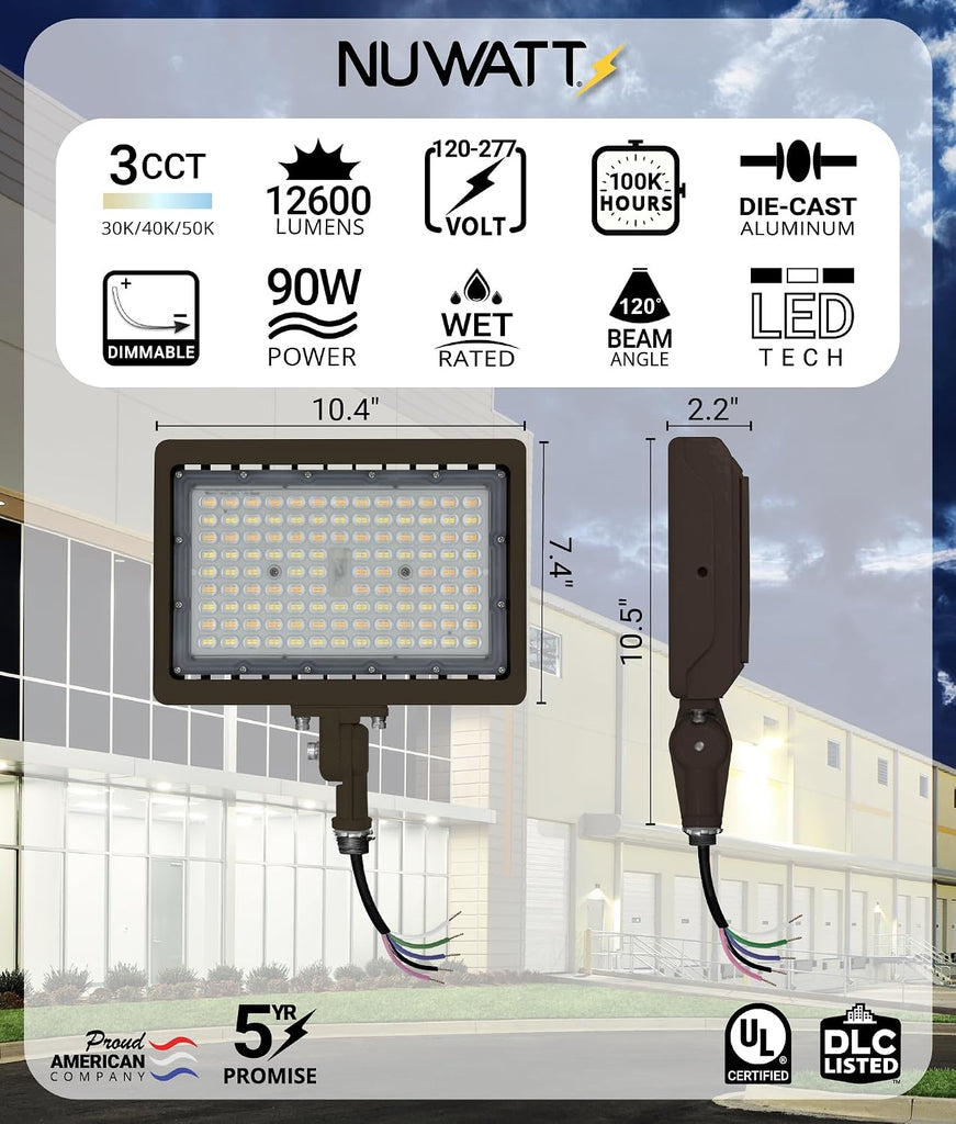 90W LED Flood Light, 3CCT 3000K/4000K/5000K Selectable, IP65 Waterproof Lighting, Adjustable Knuckle Mount, 12600LM