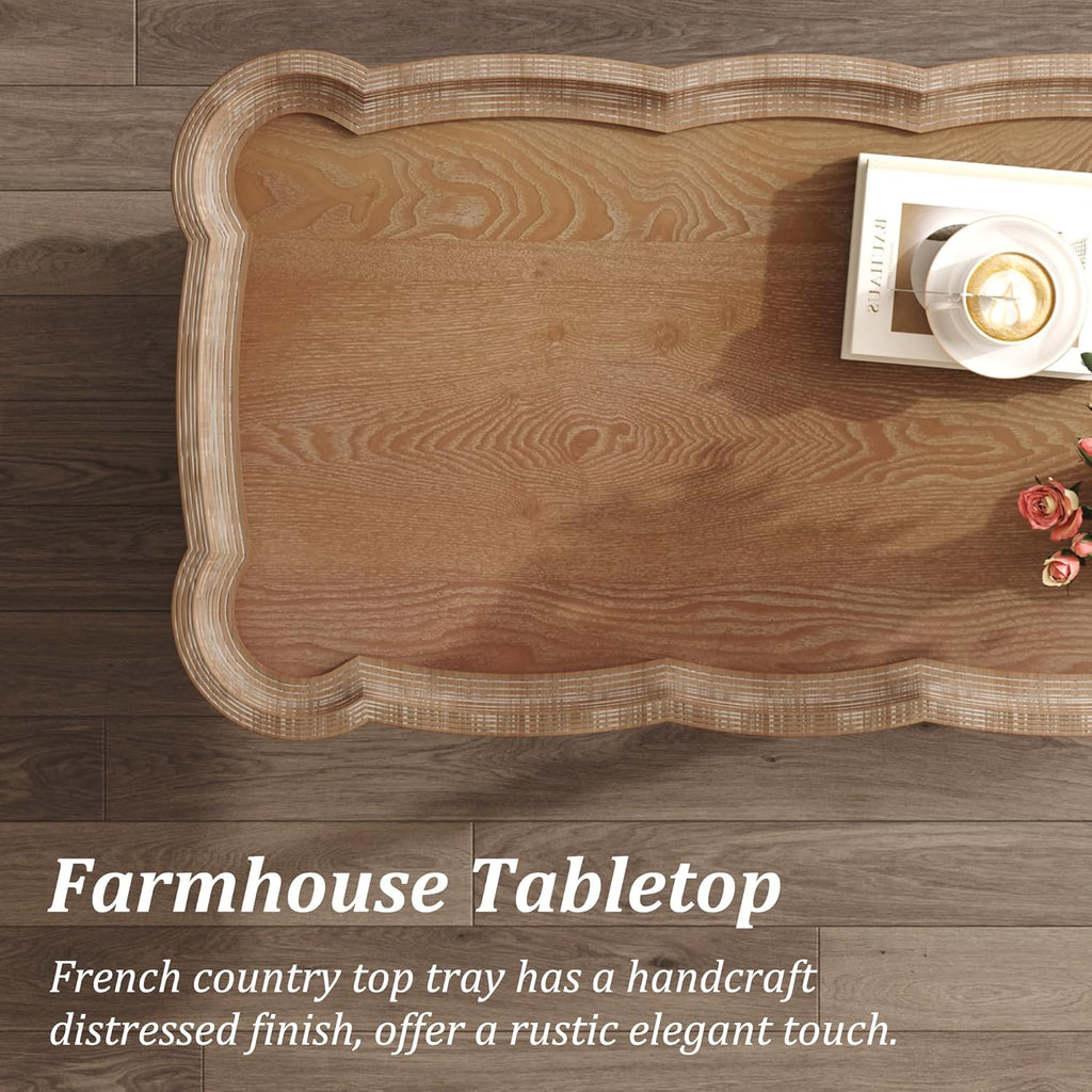 Farmhouse Coffee Table, Rustic White French Country Center Table with Storage Shelf, Wood Coffee Tables Dining Room