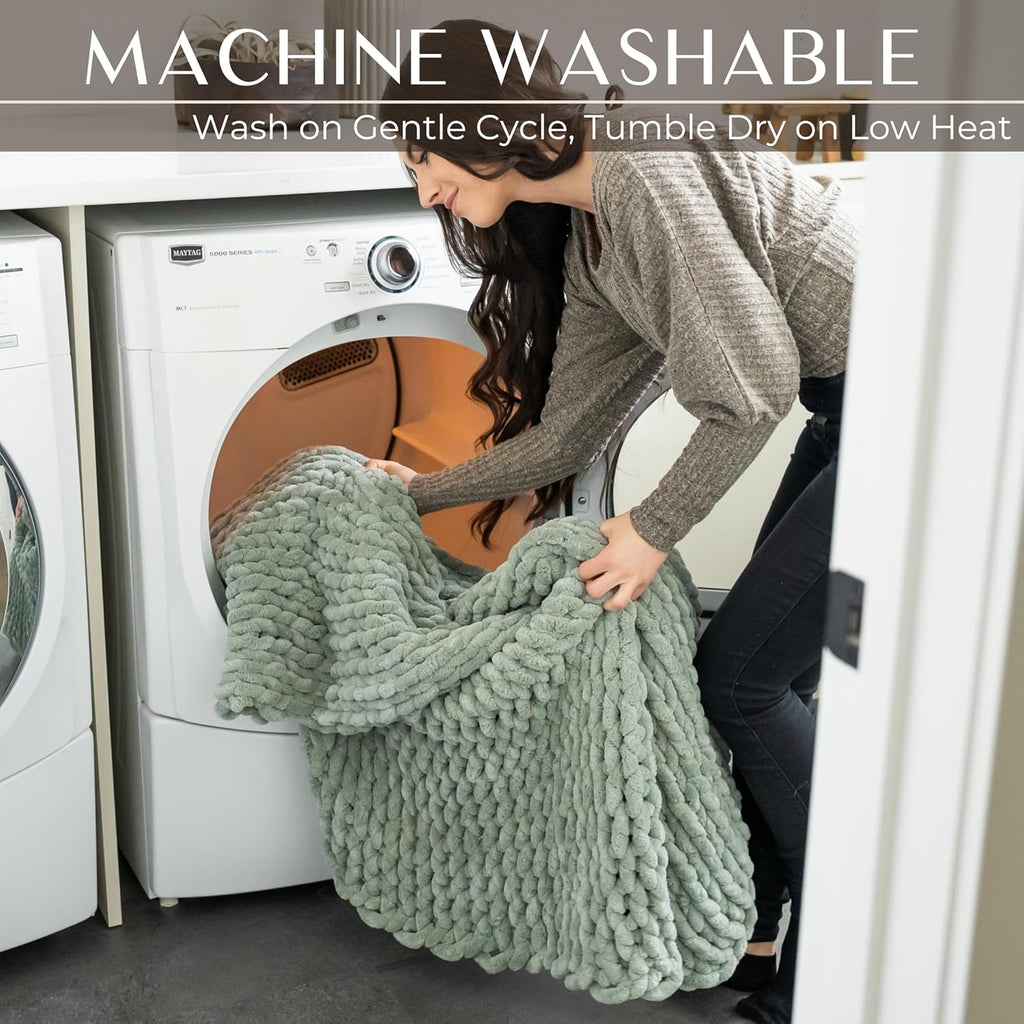 Chunky Knit Throw Blanket 50x60, Sage Green Chenille Throw Blanket, Soft Fluffy Cable Knit Blanket, Oeko-TEX