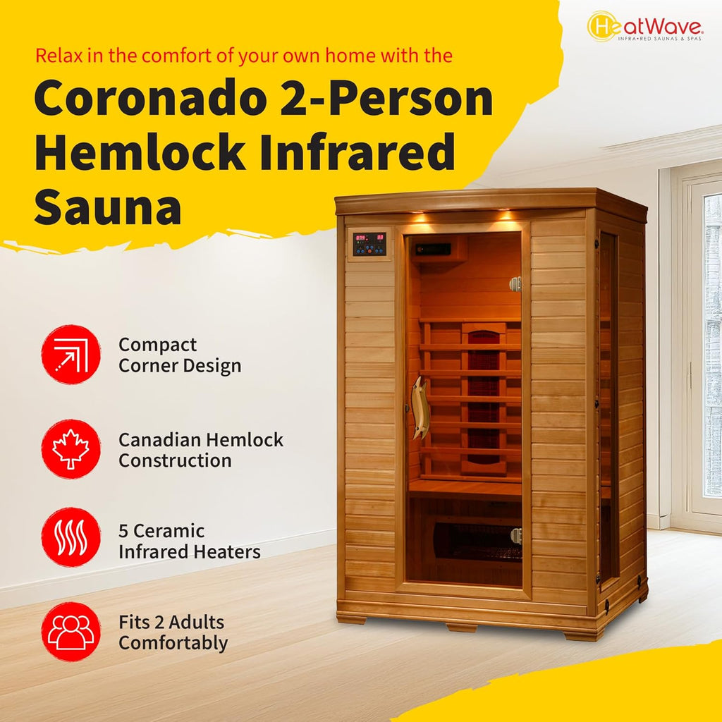 Coronado 2 Person Hemlock Low EMF Infrared Wood Sauna for Home & Indoor Relaxation