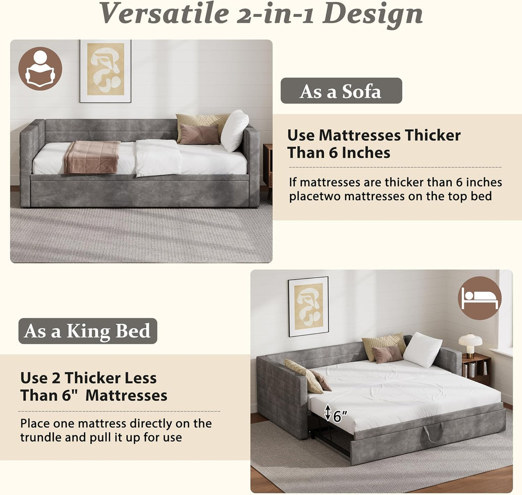 Twin to King Size Upholstered Daybed with Trundle | Space Saving Chenille Sofa Bed, Extended Pop Up Trundle, Metal