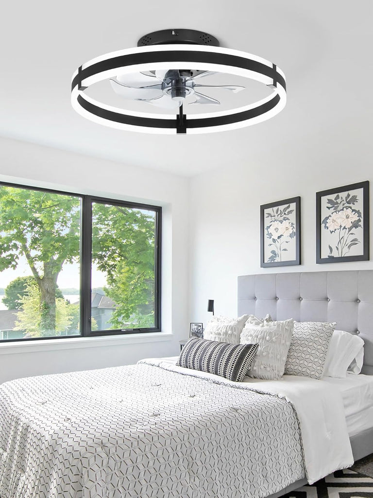 Ceiling Fans with Lights and Remote, 19.7'' Low Profile Ceiling Fan, 3000-6000K Dimmable Modern Flush Mount LED Fan Light, 6 Wind Speeds, Black Fandelier Ceiling Fans for Bedroom