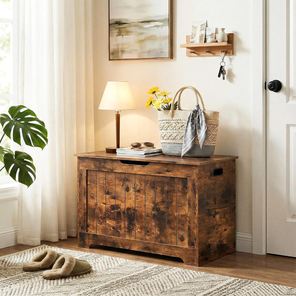 Storage Chest, 30 inches Chest Box Organizer with 2 Safety Hinges, Wooden Entryway Storage Bench, Rustic Brown
