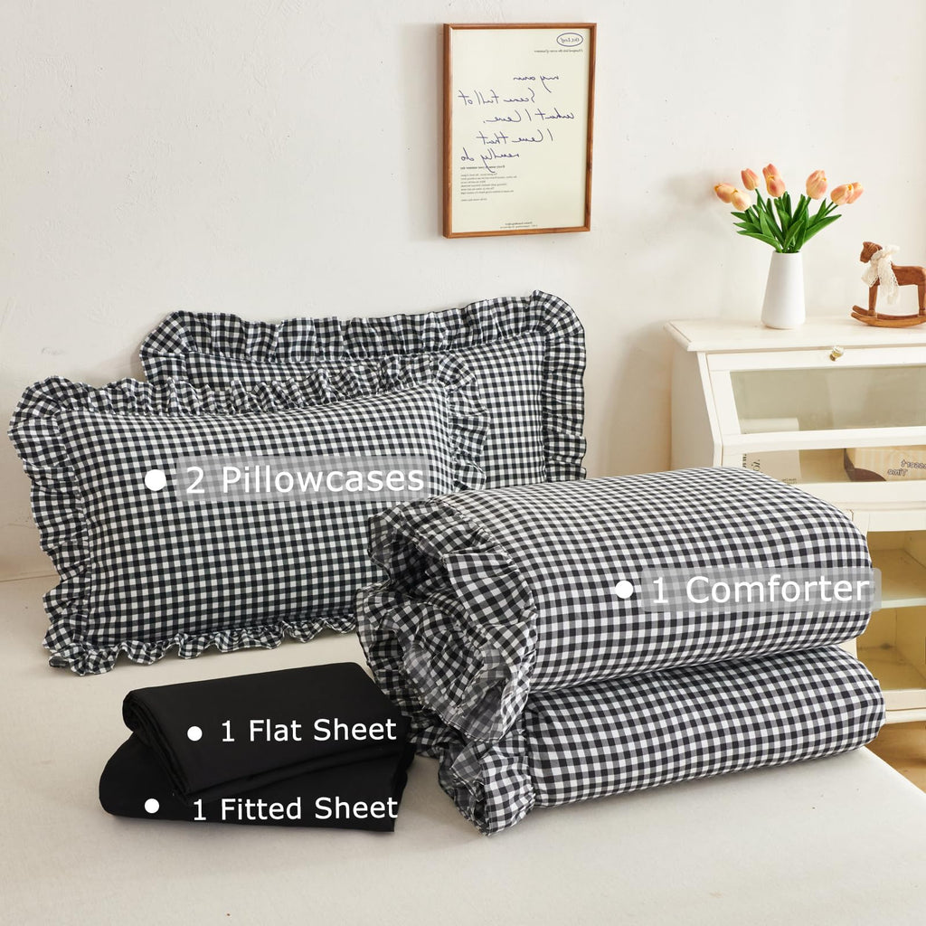 Gingham Comforter Set 5 Pieces Black Ruffled Bedding Sets