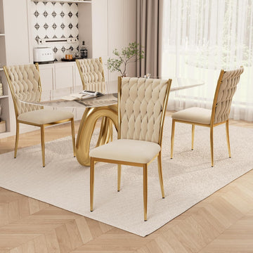 Velvet Dining Chairs Set of 4, Modern Woven Kitchen Chairs with Gold Metal Legs, Upholstered Cushion with High Back