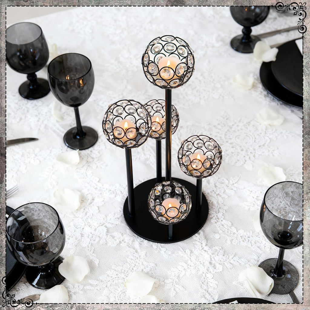5-Arm Crystal Tealight Candelabra Centerpiece, 14.8 Inch Metal Candle Holder for Table Decor, Wedding, Christmas