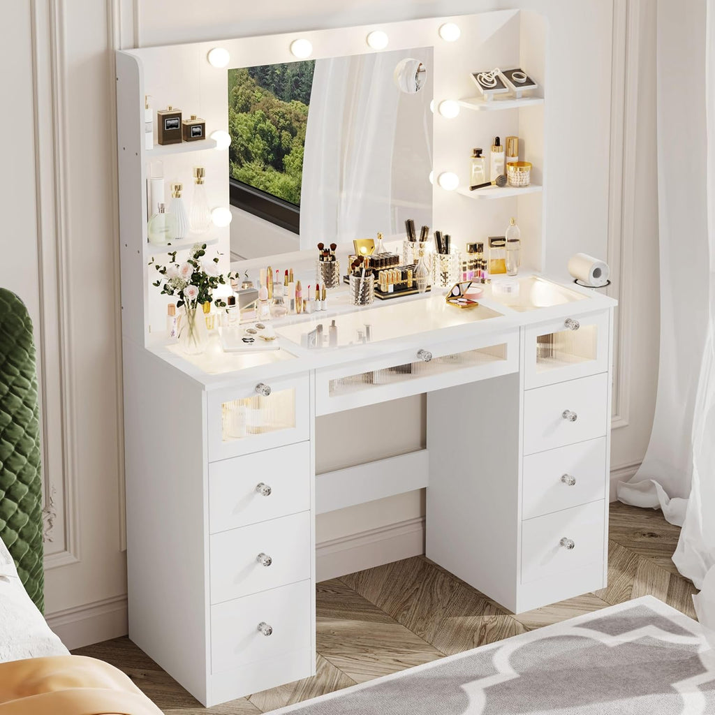 White Vanity with Lighted 23.5" Mirror, Glass Top Vanity 9 Drawers | Makeup Vanity Desk with 3 Color Hollywood Bulbs