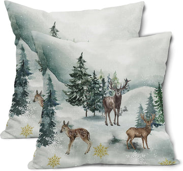 Christmas Pillow Covers 18X18 Inch Winter Watercolor Deer Trees Snowflakes Decorative Square Pillow Cases - Set of 2