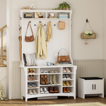 80" H 47" W Large Hall Tree with Bench and Shoe Storage, 6-in-1 Entryway Bench with Coat Rack, Adjustable Shelf