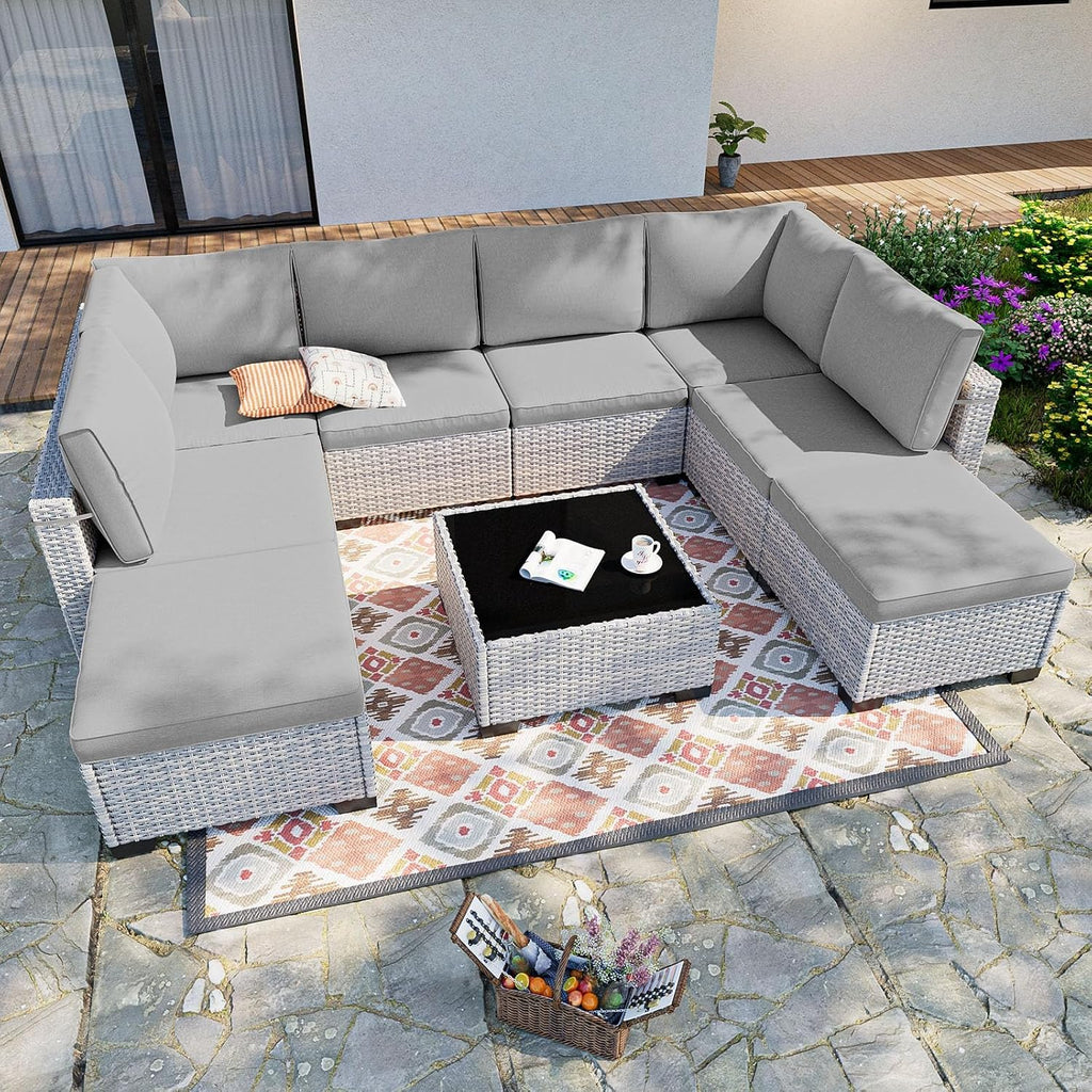 Outdoor PE Wicker Rattan Modular Patio Sectional Sofa Set | 9-Piece: 6 Modular Seats, Coffee Table & 2 Ottomans, Grey