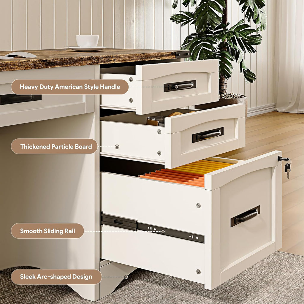 Farmhouse Executive Desk with Drawers, 55" Home Office Desks with Fast Charging Station, Lockable File Cabinet