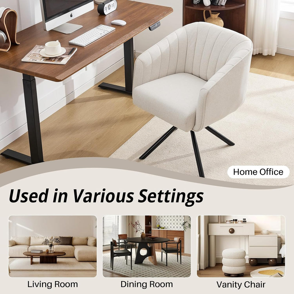 Swivel Desk Chair No Wheels, Modern Upholstered Office Chairs Stationary, Comfy Dining Chairs with Mid Back, Accent