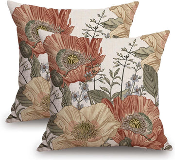 Vintage Flower Throw Pillow Covers 20x20 Brown Rust Colored Floral Botanical Pattern Decorative Pillows Outdoor Linen