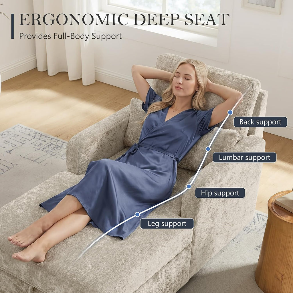 58" Oversized Chaise Lounge Chair with Storage, Chenille Camel | Adjustable Backrest, 2 Back Pillows, Comfy Reading