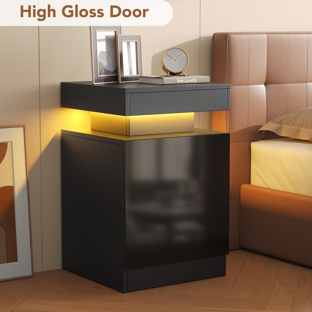 Nightstands Set 2, 15 Inches LED Night Stand Set of 2, Modern Bedside Table with LED Lights, High Gloss Surface, End