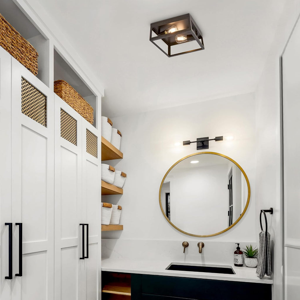 Indoor/Outdoor Flush Mount Ceiling Light, 2-Light Square, Black | Farmhouse Style, Close to Ceiling, Entryway Light