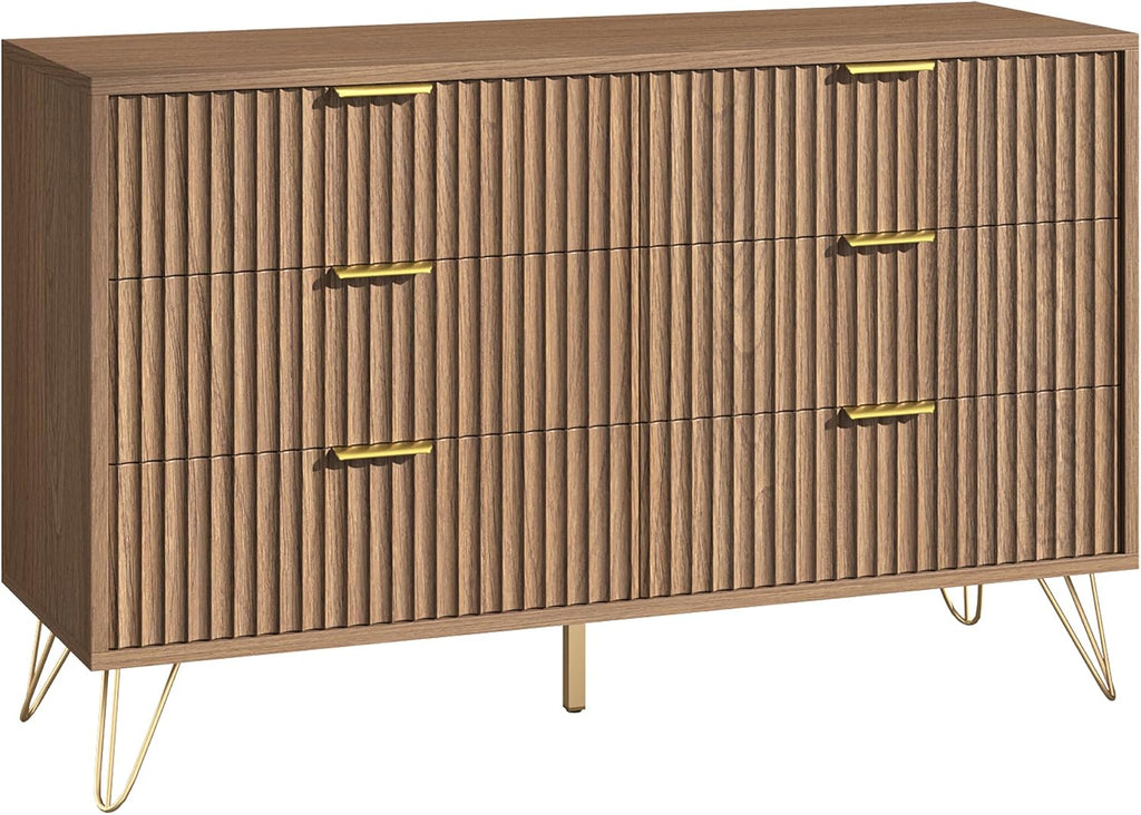 Fluted 6 Drawers Dresser , Wood Dressers with Scratch-Proof Golden Handles, Natural Curved Profile, Modern Double