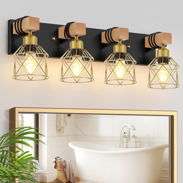 Farmhouse Bathroom Vanity Light Fixtures, 4-Light Wood Bathroom Lighting Over Mirror, Rustic Black Gold Sconces Wall