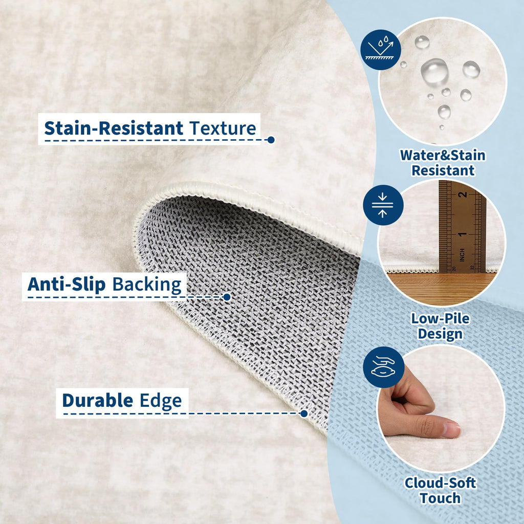 Solid Washable Area Rug Neutral Rugs, Solid Bedroom Rug Non-Slip, Low Pile Stain-Resistant Modern Rug Table