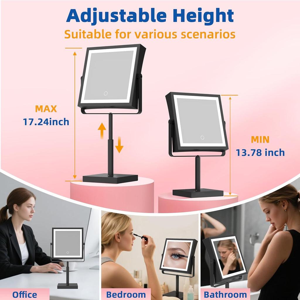 Makeup Mirror with Lights, 4000mAh Rechargeable Magnifying Mirror with Light, 1X/10X, Height Adjustable Bathroom
