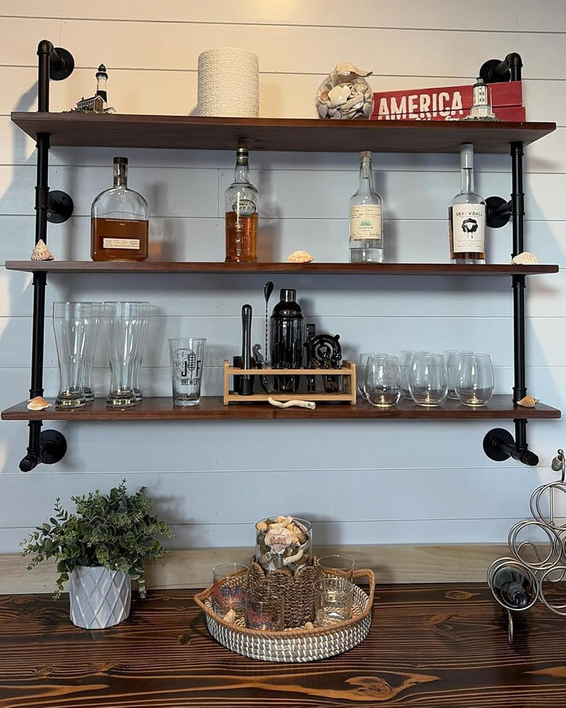 Industrial Pipe Wall Shelves Pipe Shelving with Real Wood Plank 48 Inches | Floating Shelves for Wall Farmhouse Pipe