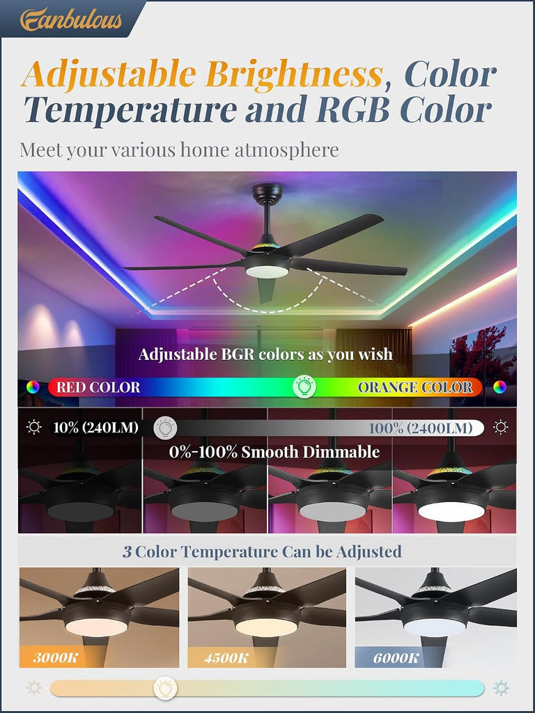 56'' Smart Ceiling Fans with RGB Lights, Modern Ceiling Fan with Alexa/App/Remote Control, Dimmable LED Light