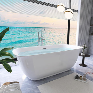 59" Free Standing Tub, Pure Acrylic Freestanding Bathtub, Stylish Stand Alone Contemporary Deep Soaking Bath Tub