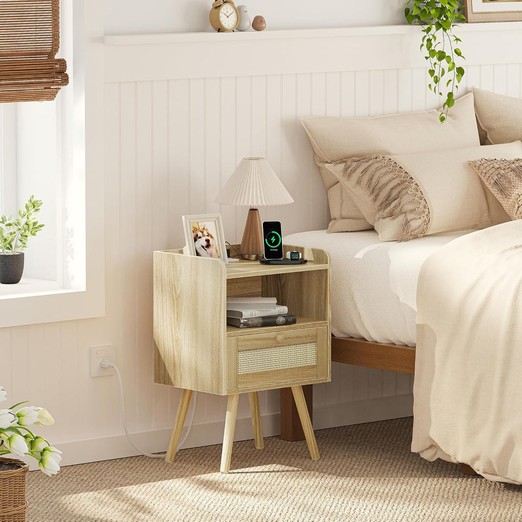 Nightstands Set of 2, Night Stands with Charging Station & PE Rattan Decor Drawer, Bed Side Tables with Solid Wood
