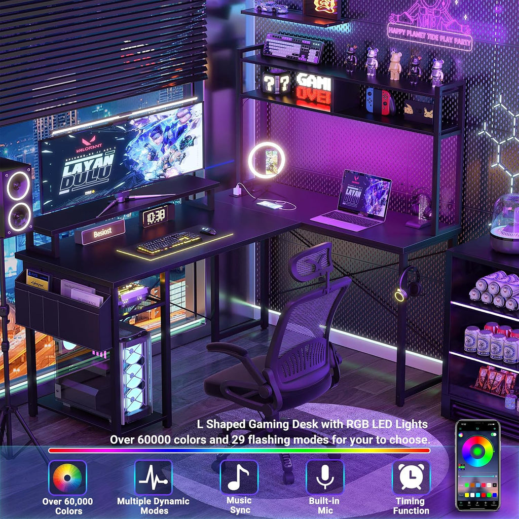 48" Small L Shaped Desk Gaming Desk with Power Outlets & Led Lights | Reversible L Shaped Computer Desk with Monitor