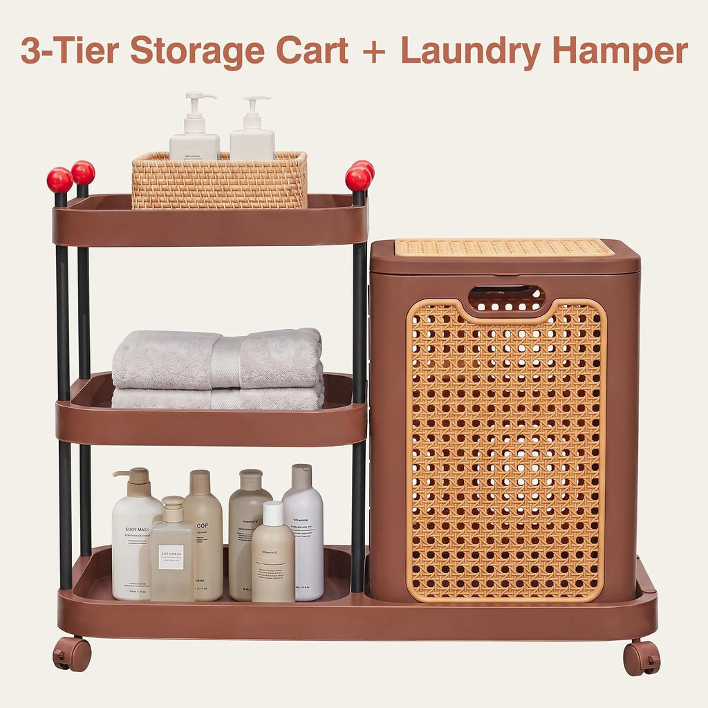 Rattan-Style Rolling Laundry Hamper Cart, 3-Tier Storage Shelf with Wheels, Foldable Plastic Laundry Basket with Lid