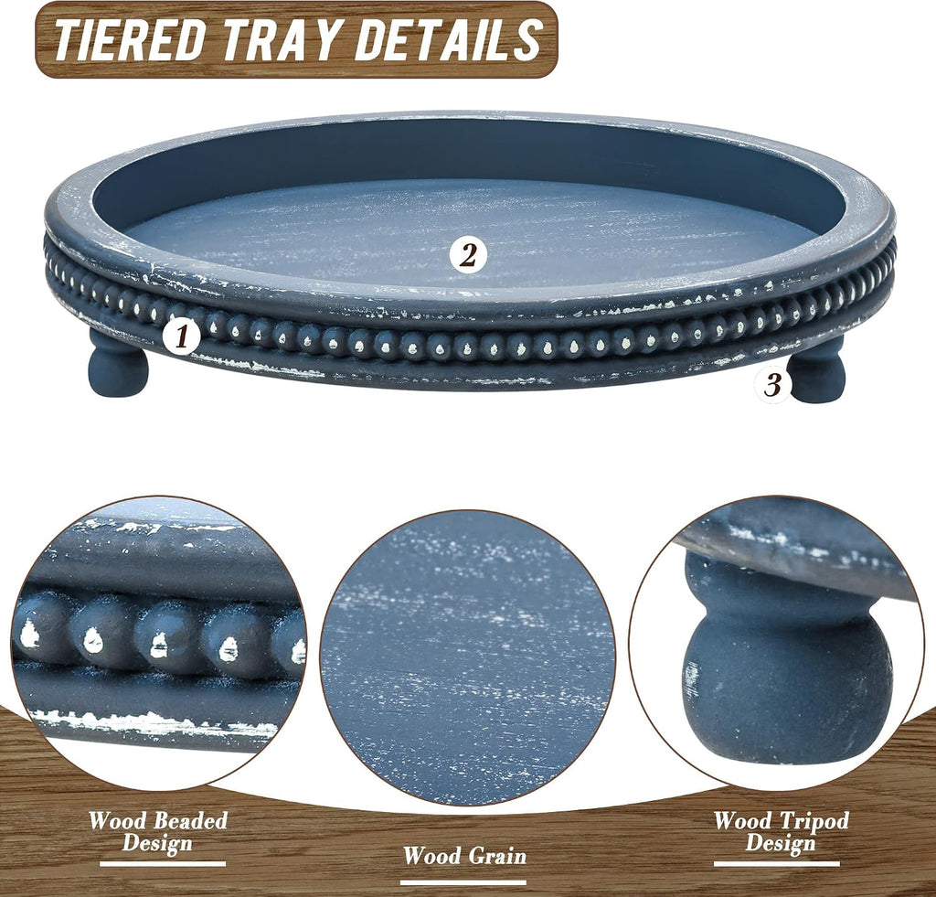 12 Inch Decorative Tray, Small Beaded Tray Coffee Table Decor, Blue Decorative Display Risers for Coffee Table