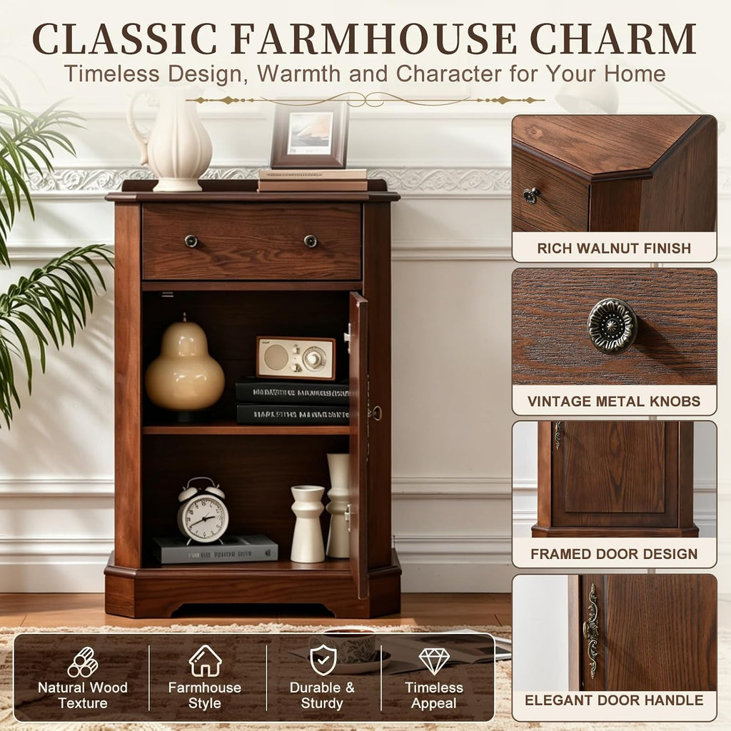Farmhouse Accent Cabinet with Drawer and Door, Adjustable Shelf and Hidden Storage, Rustic Organizer , Walnut Finish
