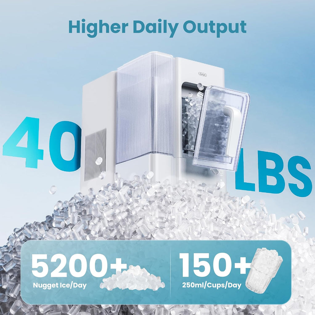 Nugget Ice Maker 40lbs/Day,Countertop Pellet Ice Machine,Large Gallon Side Water Tank&Self-Cleaning,Pellet Ice