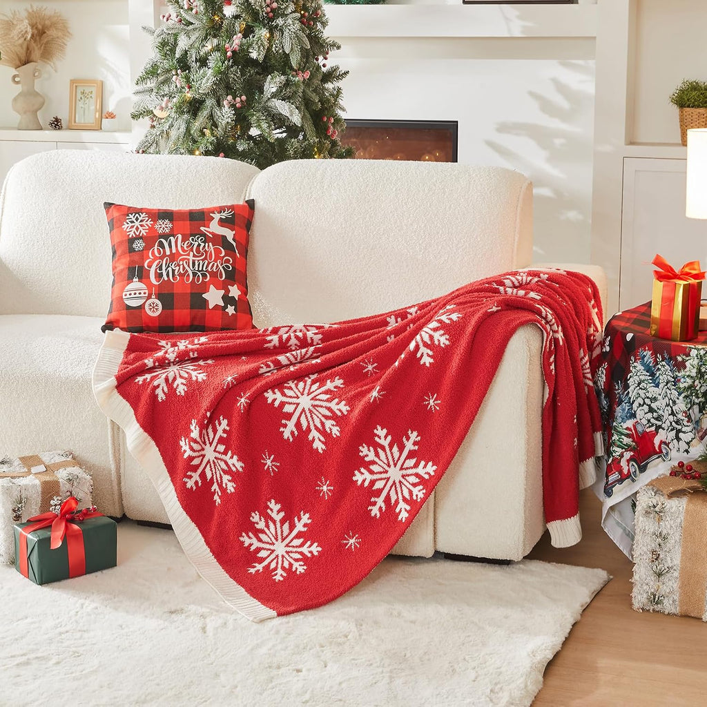 Reversible Knitted Throw Blanket, Red Christmas Snowflake, 60"x80"