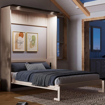Murphy Bed with LED, Solid Wood Wall Bed, Converts to Cabinet for Space Saving, Queen, Beige
