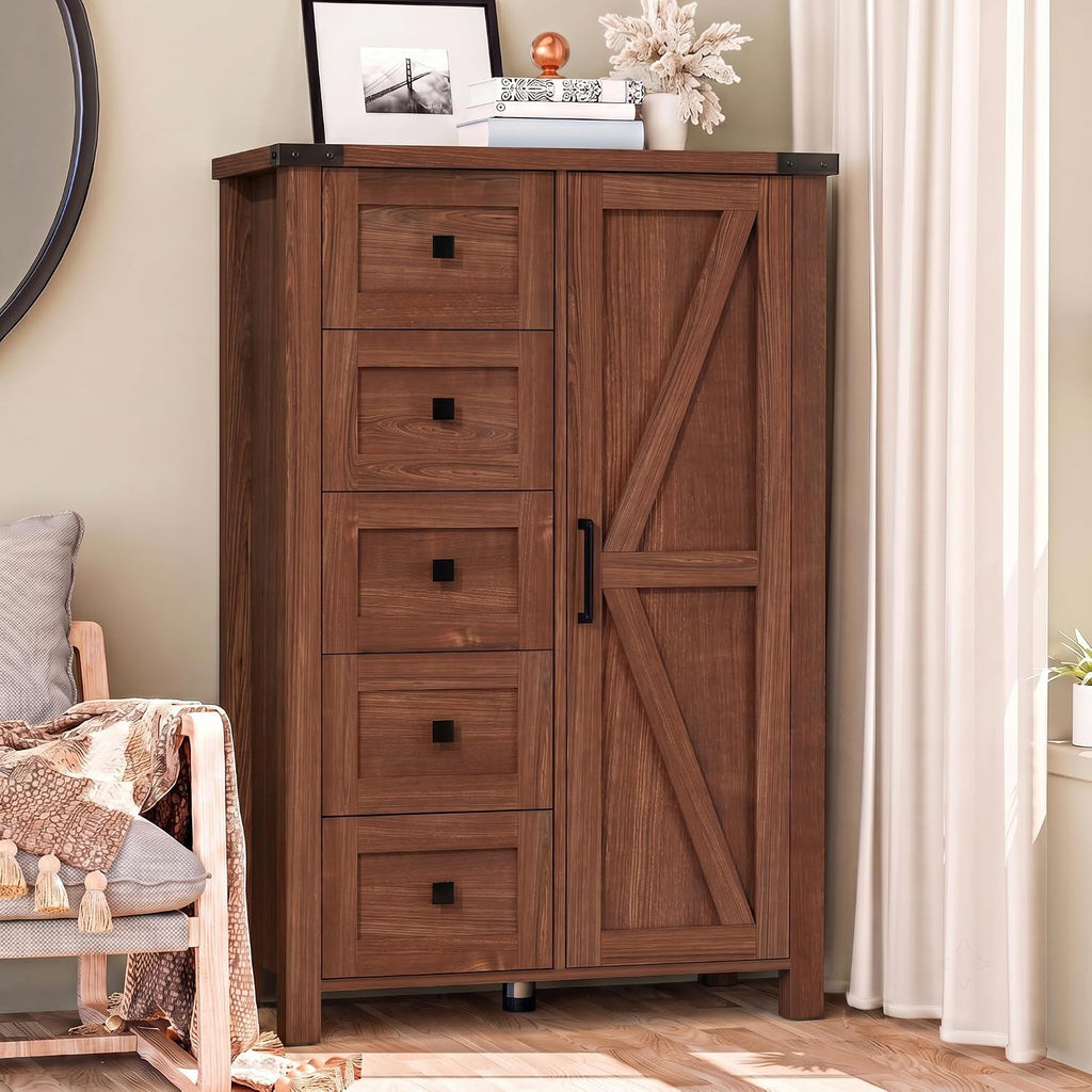 Farmhouse 48 Inch Tall Dresser Chest of Drawer , 5 Drawer Storage Cabinet with Barn Door, Adjustable Shelves, Rustic