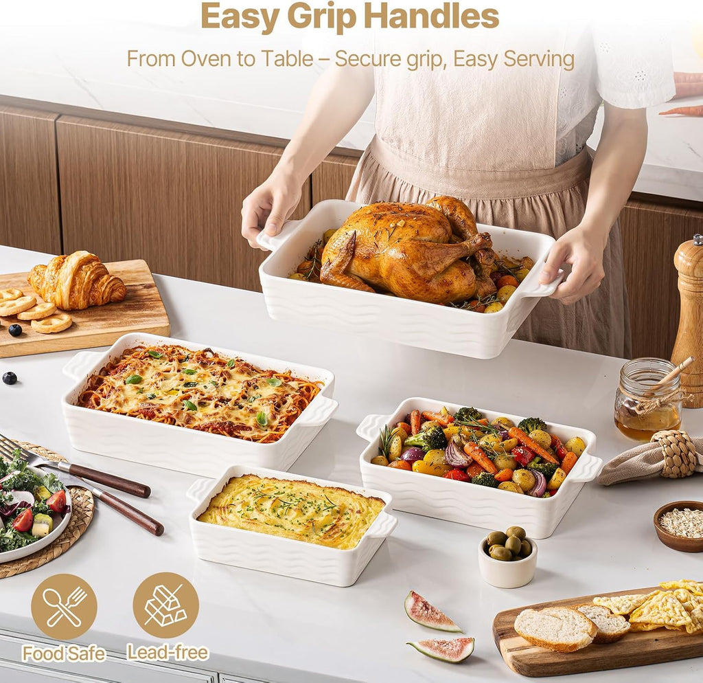 Casserole Dishes for Oven, Ceramic Dishes Set of 4, Porcelain Pan with Handles, Rectangular Lasagna Pan for , Wedding