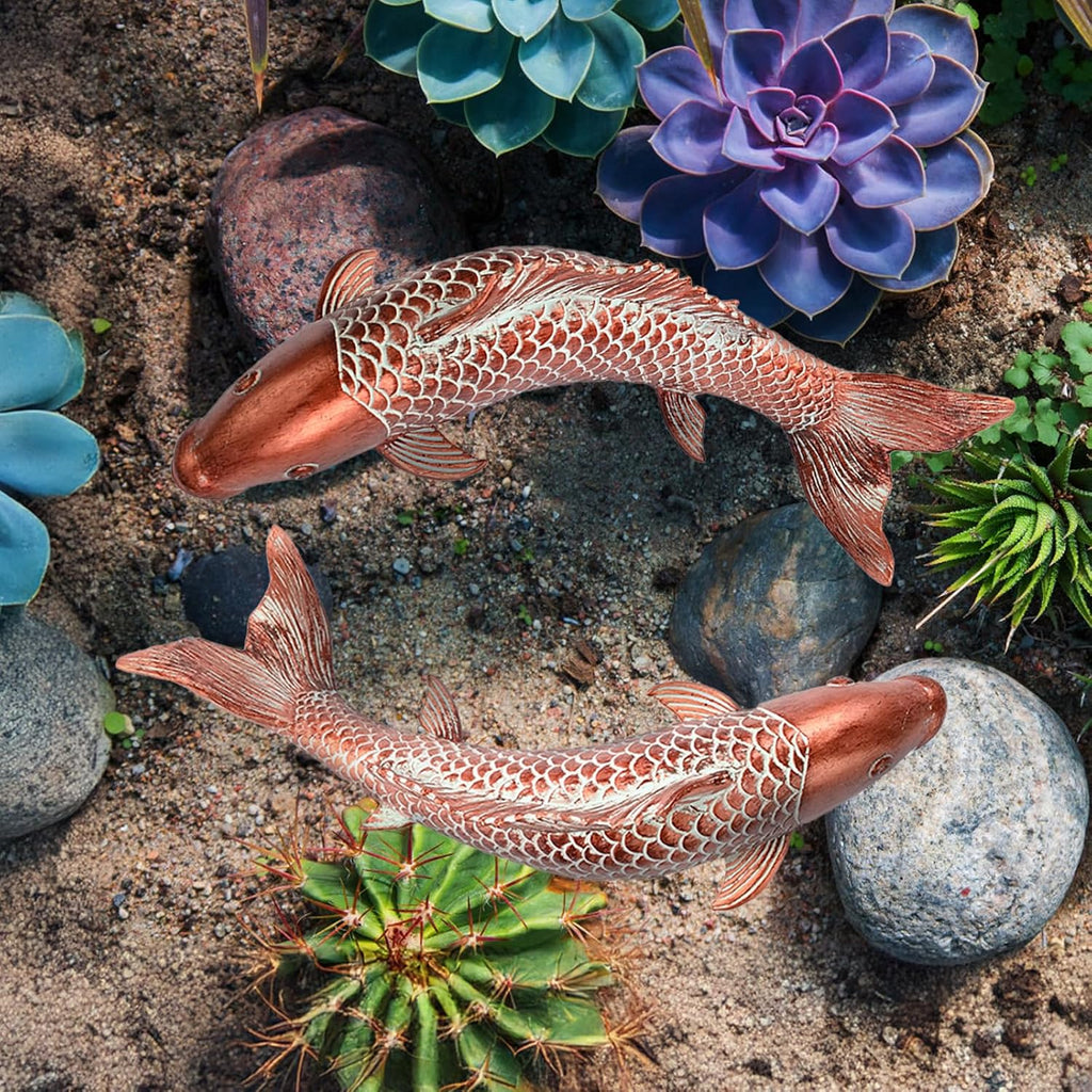 Garden Statues Koi Fish Decor Outdoor Garden Fish Statues, Set of 2 Antique Copper Koi Art Sculptures , Backyard