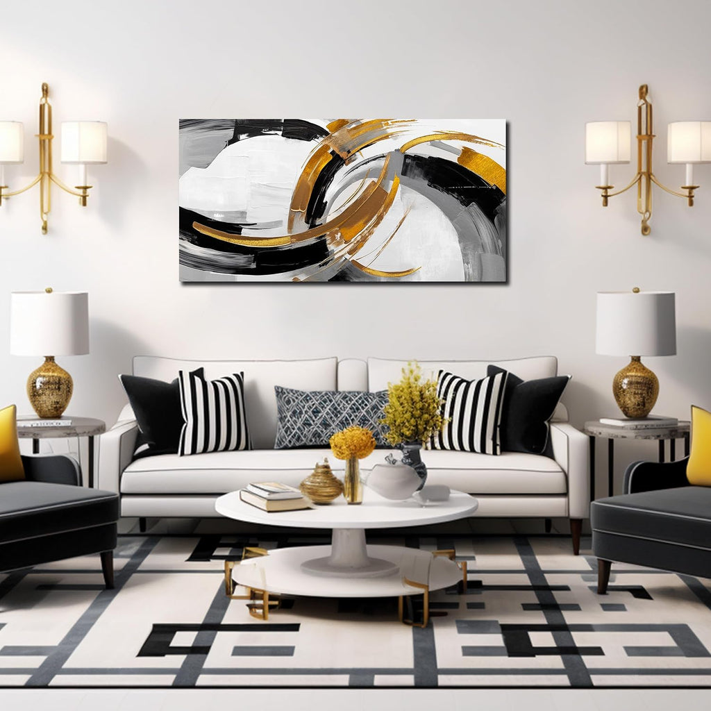 Large Abstract Canvas Wall Art Black White and Gold Minimalist Line Artwork Office