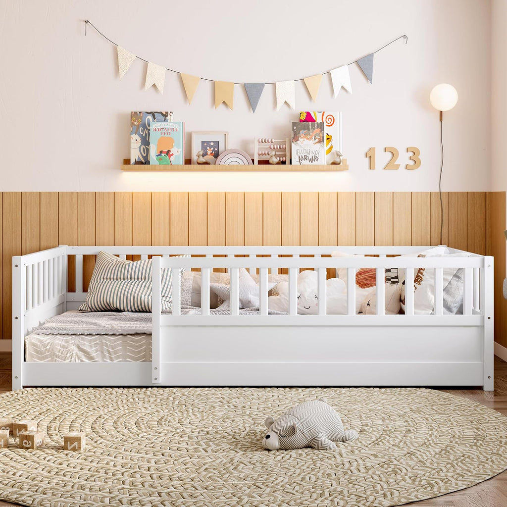 Twin Size Montessori Floor Bed with High Rails, High Rails Floor Bed with Slats and Fence, Easy Assemble Montessori