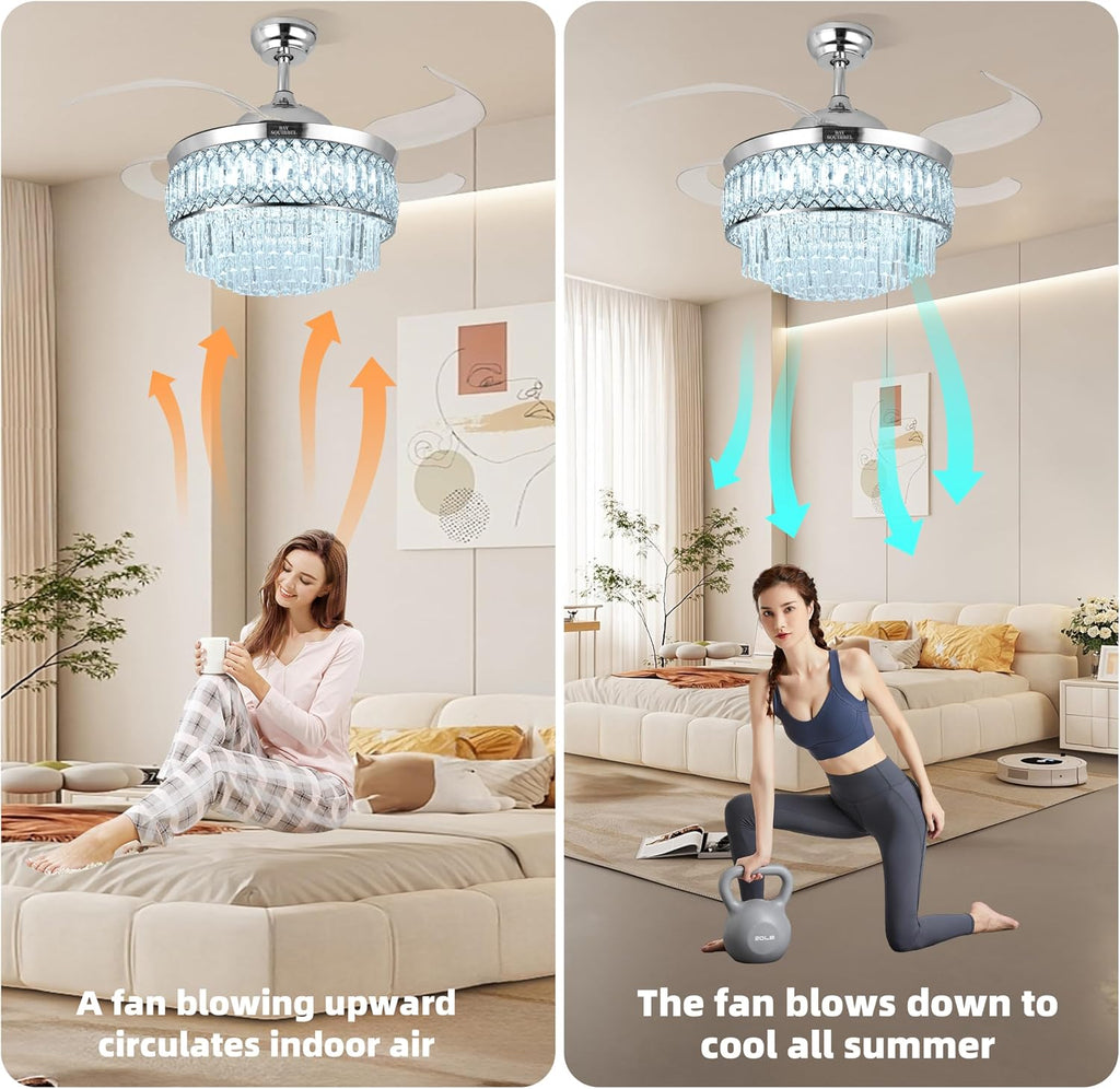 Retractable Crystal Ceiling Fan with Lights, Bluetooth Ceiling Fan with Speaker, 6-Speed Reversible Blades