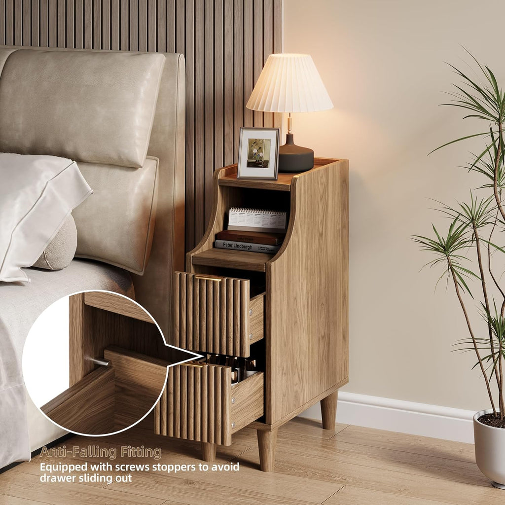 Fluted Nightstands Set of 2,Narrow Bedside Table with 2 Drawers & Storage, Farmhouse Walnut End Table Modern Side