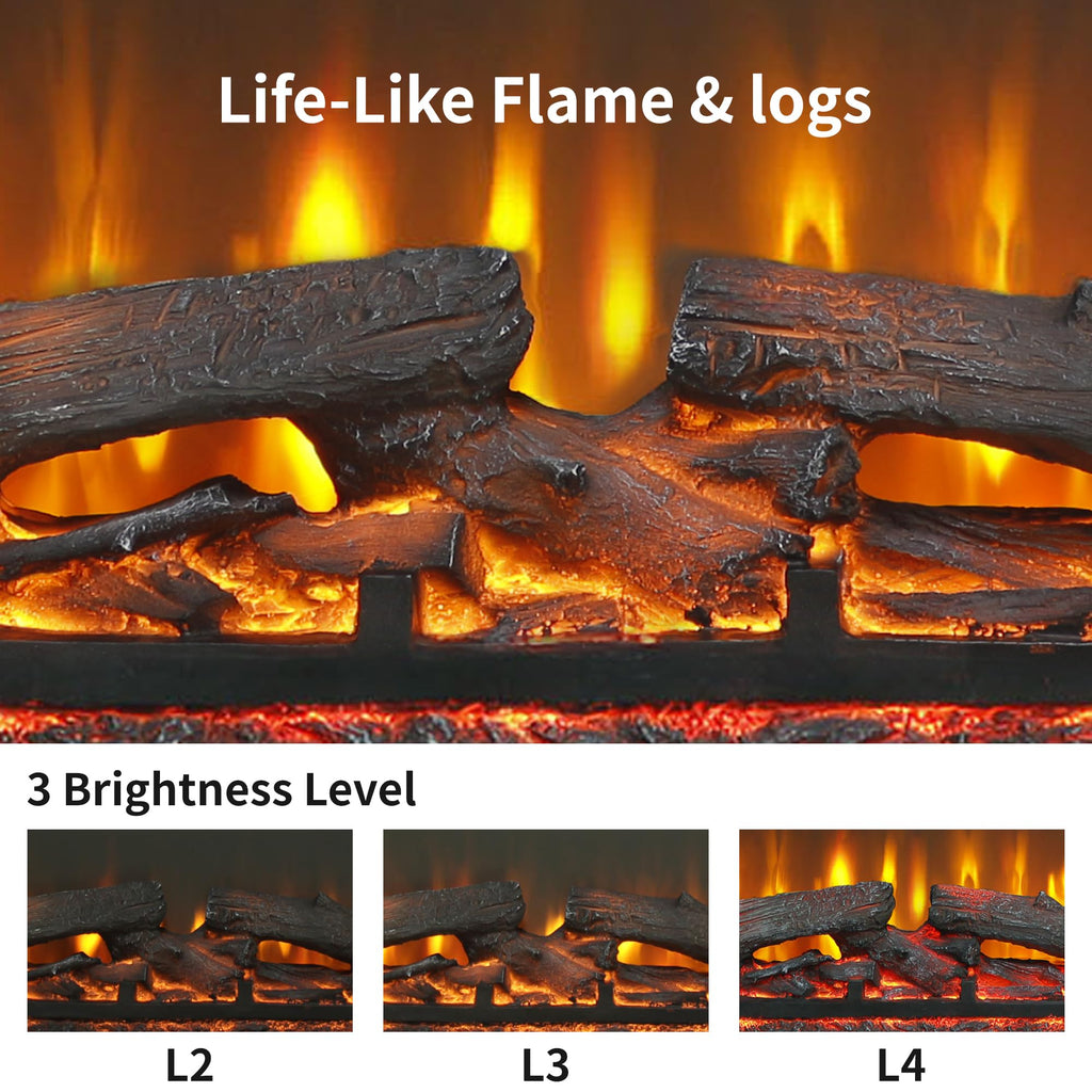 44" Electric Fireplace Insert, Realistic Flame & Resin Log, Adjustable Flame Brightness, Thermostat, Remote, Timer