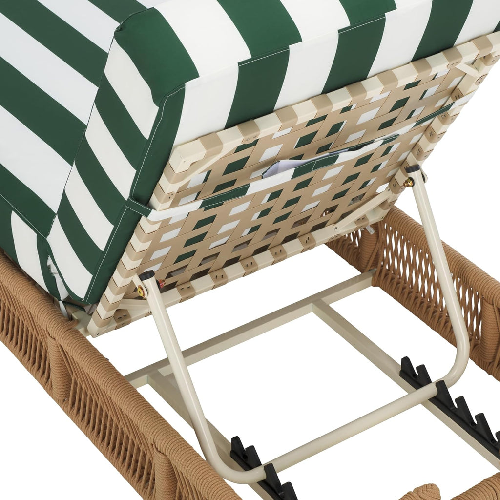 Outdoor Chaise Lounge Chair - Heather Tan & Hunter Green Stripe - Steel and Woven Rope - Adjustable