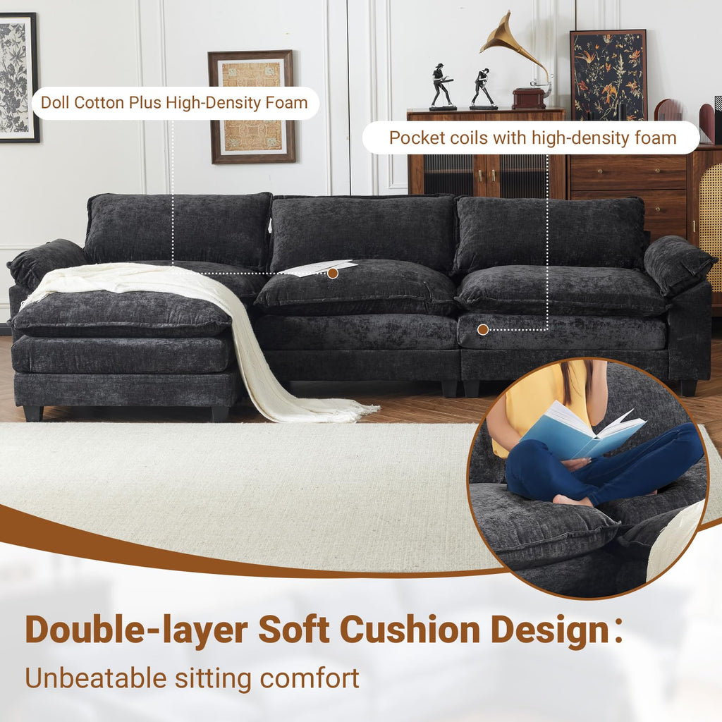 122" Cloud Black Convertible Sectional Sofa, Comfy L-Shape Extra Deep Seat Sofa Couch, Modern Chenille 3-Seat