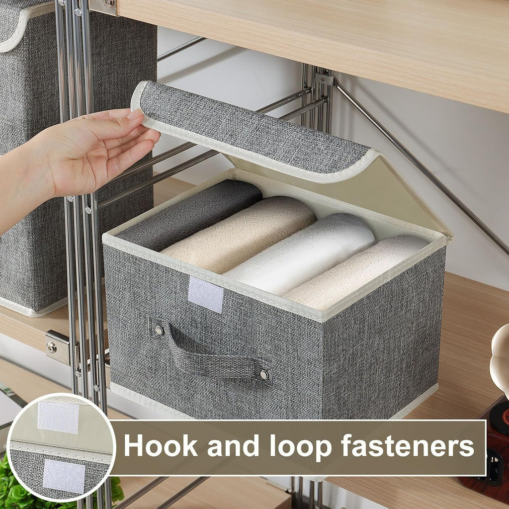 Foldable Fabric Storage Cubes with Lids,Grey 10.2x7.9x6.7in,3 Pack | Storage Bins with Handles,PP Panel Closet